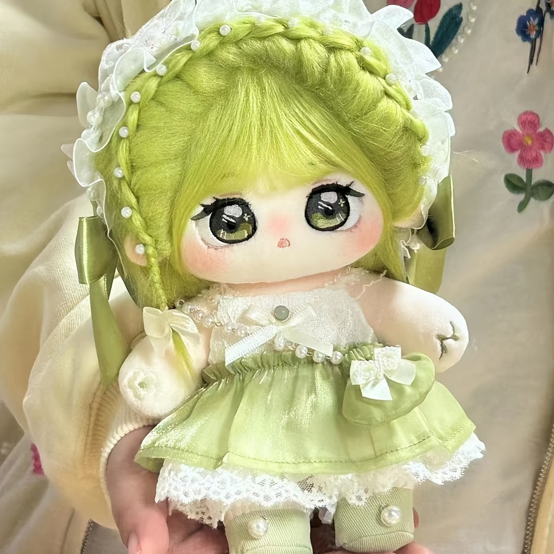 Adorable Green Curly Hair Plush Doll with Large Eyes & Pigtails