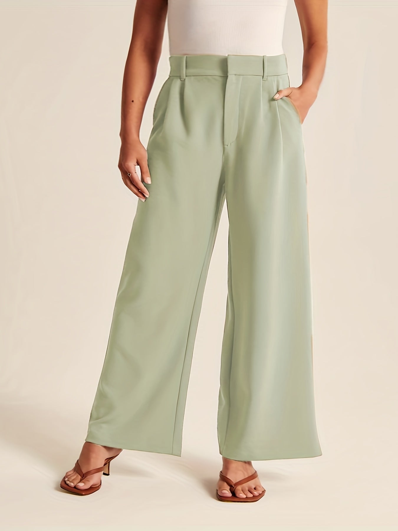  Solid High Rise Wide Leg Trousers With Pockets