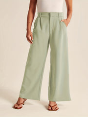  Solid High Rise Wide Leg Trousers With Pockets