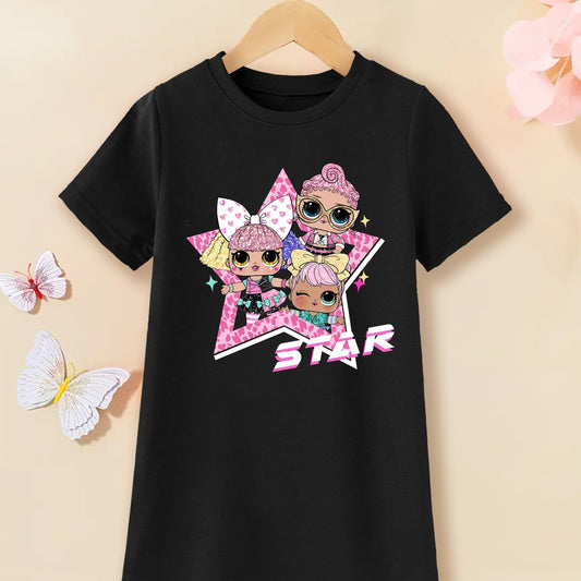 Toddler Girls Cartoon Girl And Star Graphic Casual T shirt Dress