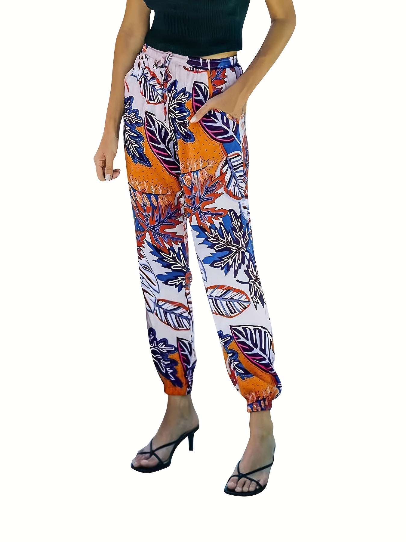  Tropical Print Drawstring Jogger Trousers with Pockets
