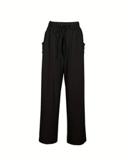  Solid Button Decor Drawstring Pants