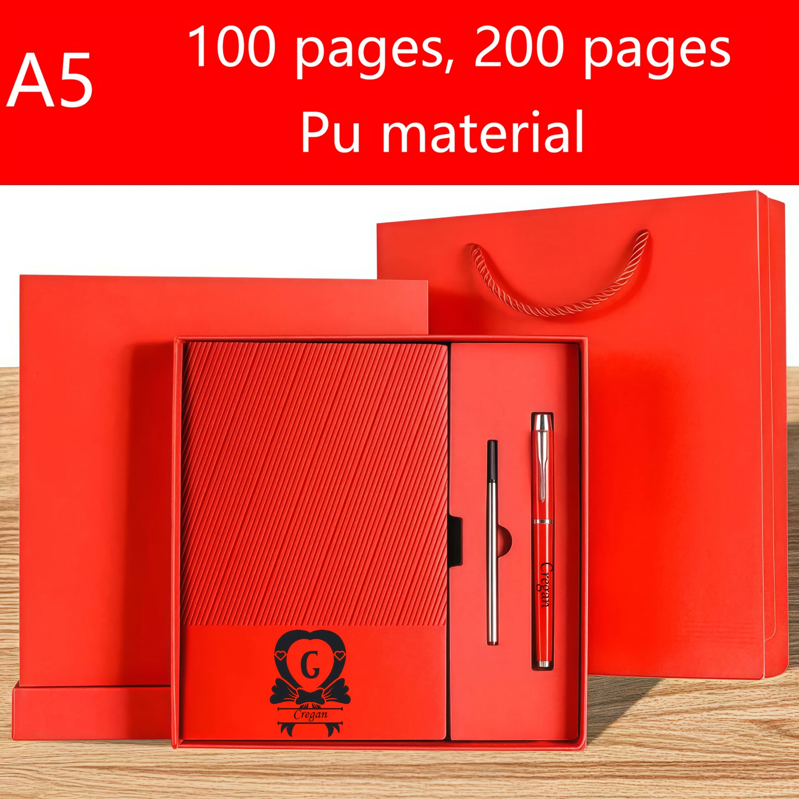 Personalized A5 Notebook Set with Pen Red Faux Leather Journal