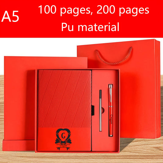 Personalized A5 Notebook Set with Pen Red Faux Leather Journal