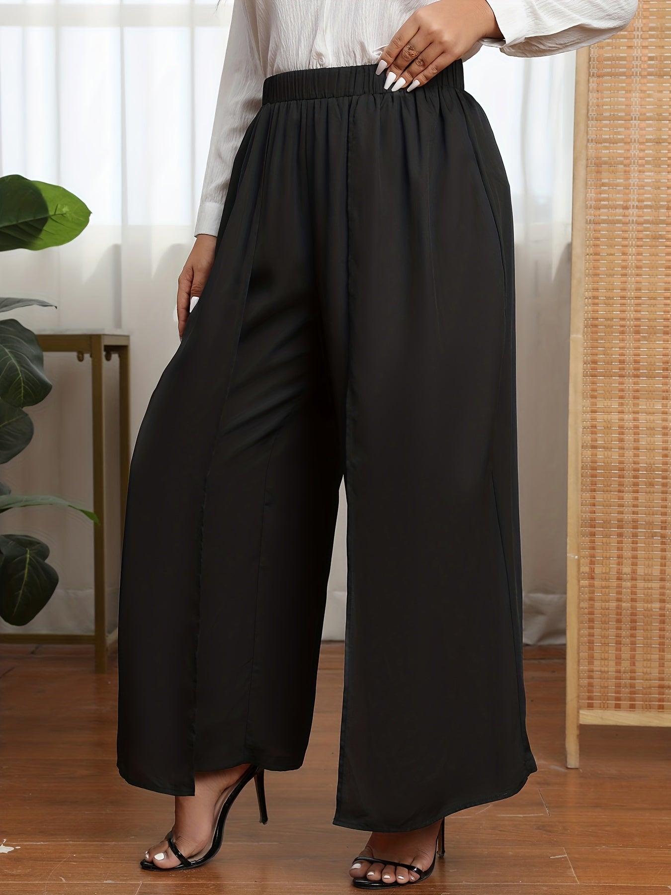  Solid Elastic High Rise Wide Leg Trousers