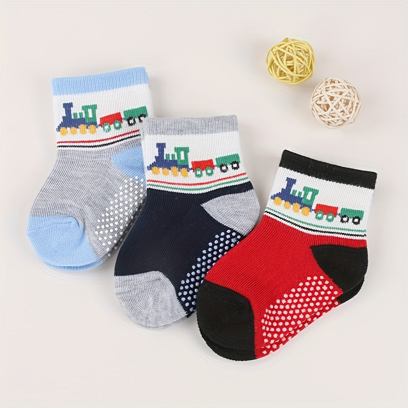 3 Pairs Non-slip Socks for 0-2 Year Old Boys - Little Train & Polka Dot Pattern