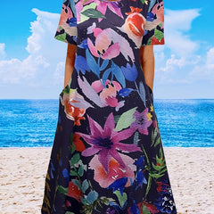  Floral Print Short Sleeve Tee Dress With Pockets