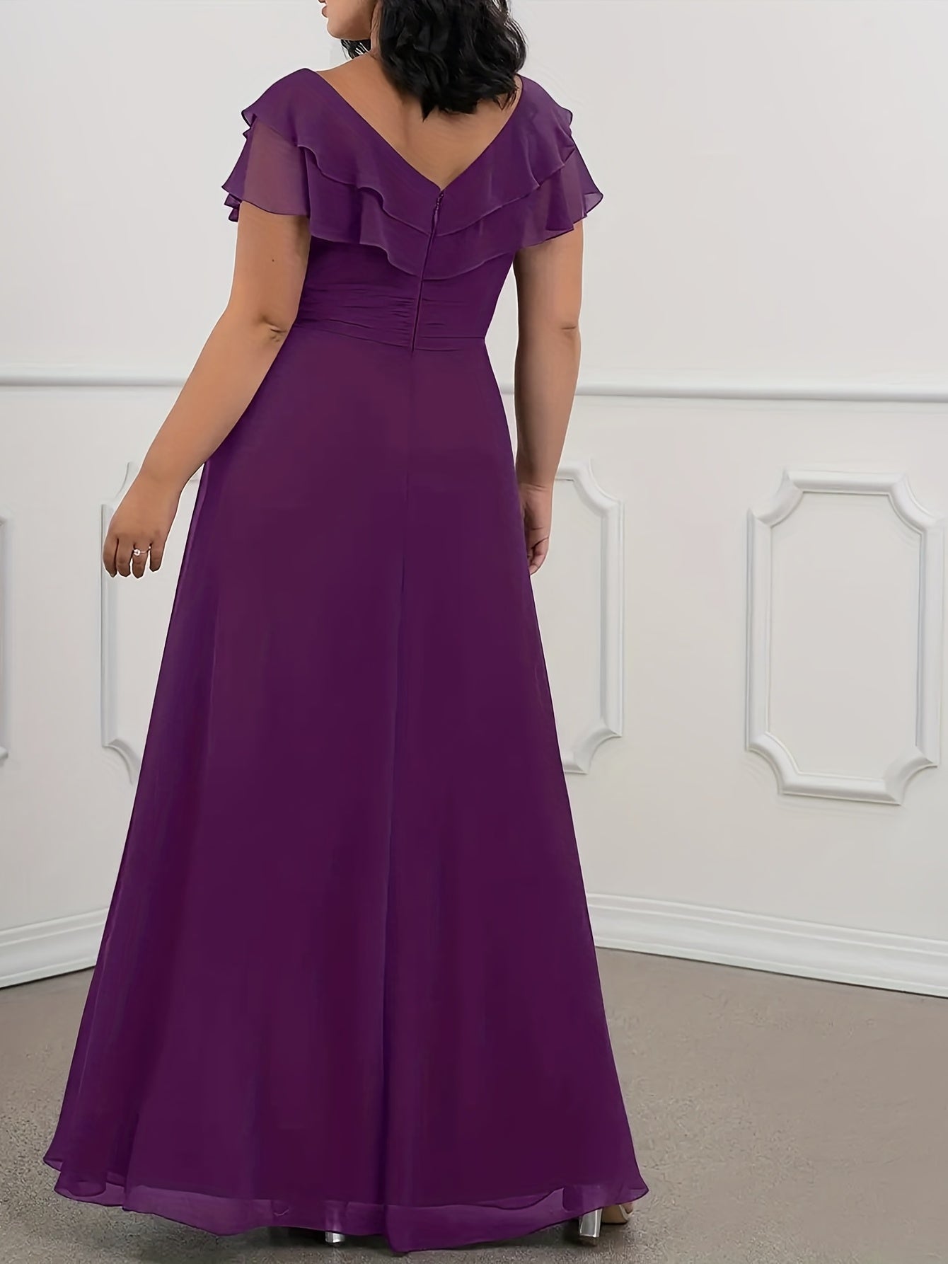  V Neck Ruffle Trim Evening Formal Dress