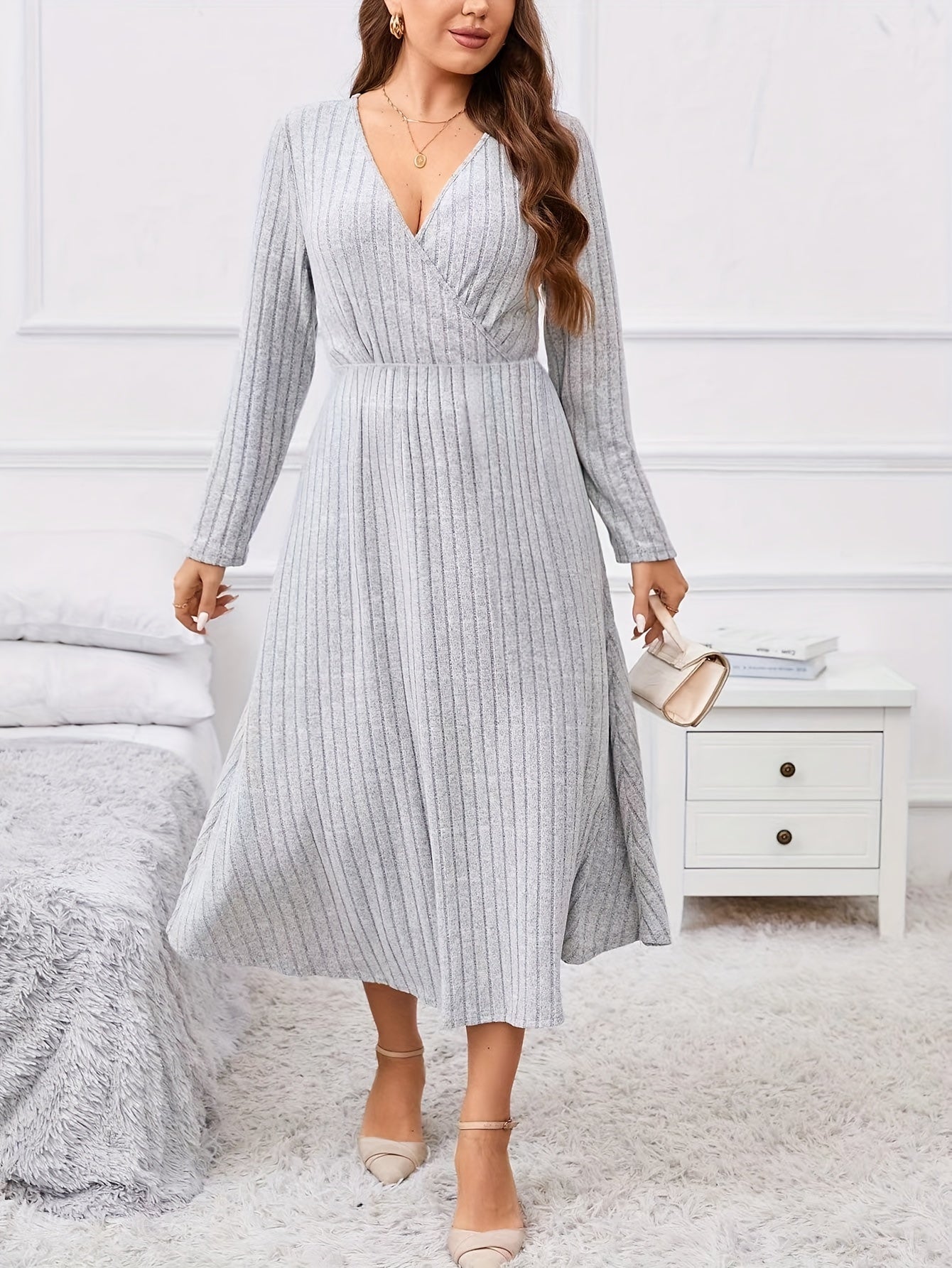  Ribbed Long Sleeve V Neck Maxi Dress