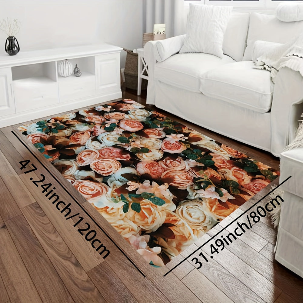 Retro Pink Rose Pattern Rug Machine Washable Carpet