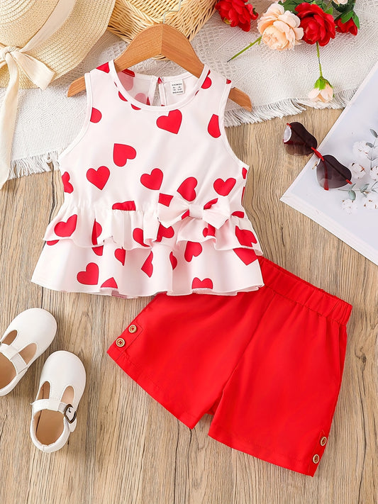2pcs Toddler Girls Heart Graphic Peplum Tank Top & Button Shorts Set