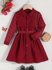 Girl's Geometric Print Long Sleeve Dress With Waistband
