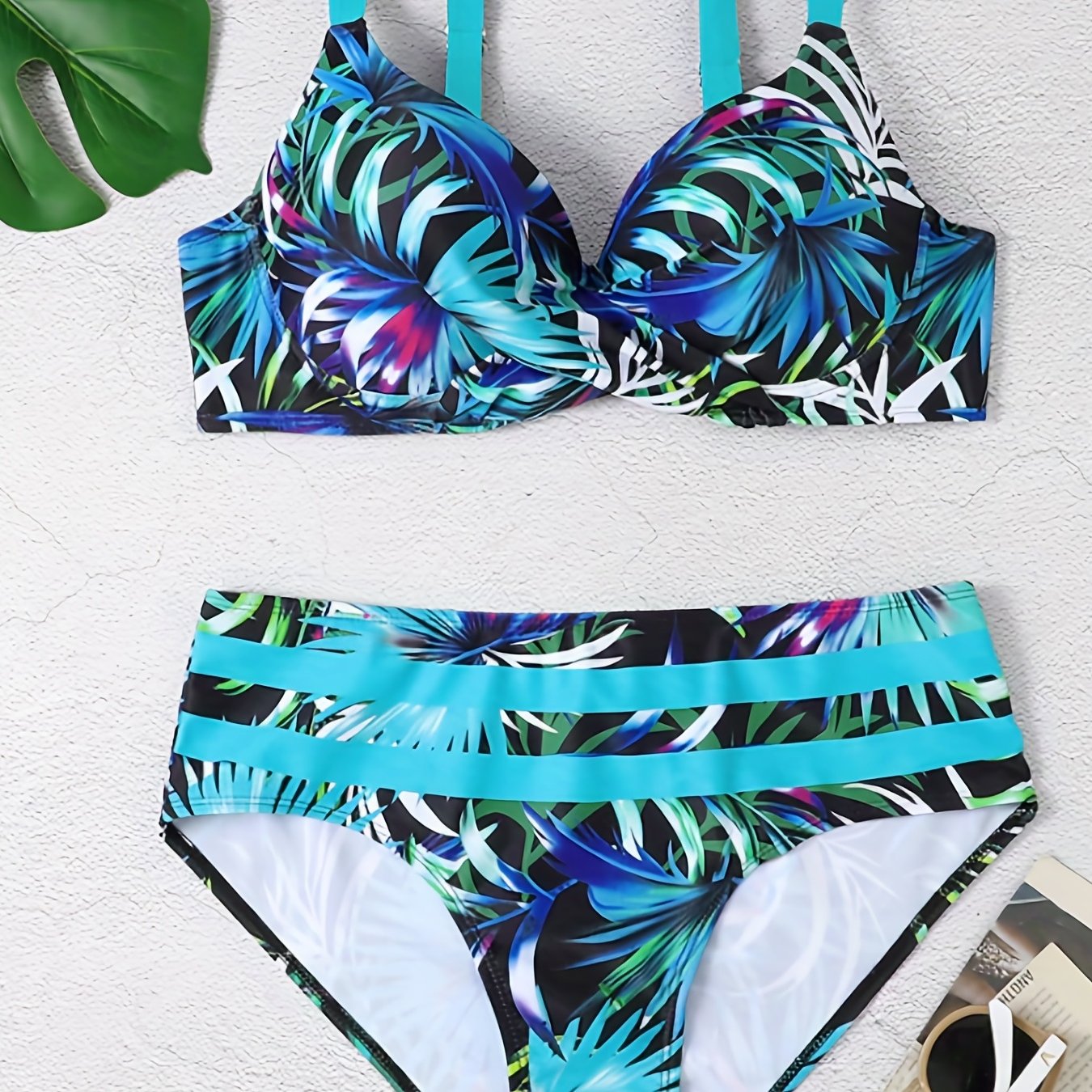 Leaf Print V Neck 2 Piece Bikini Swimsuit Push Up High Waist