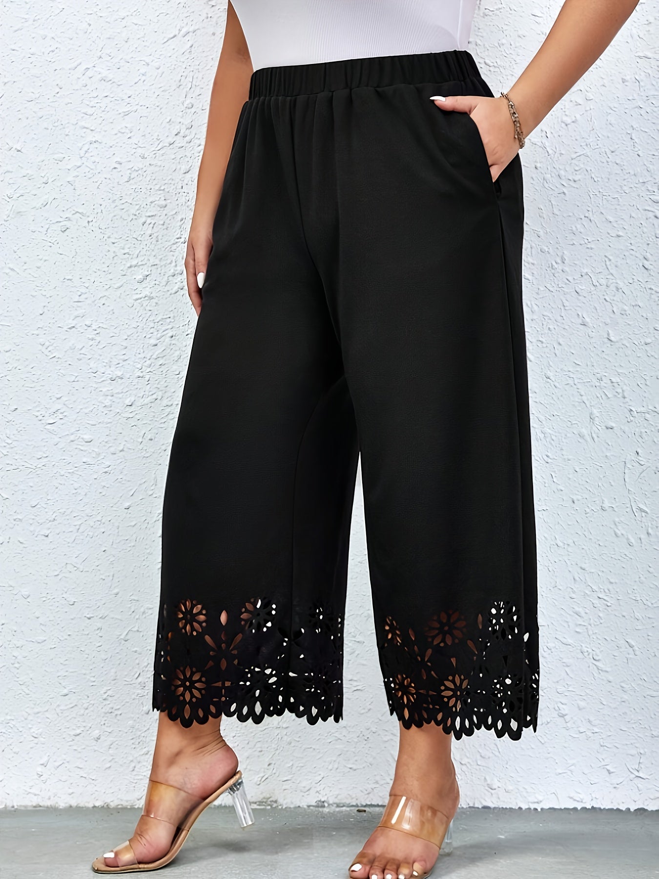  Pants Women's Plus Solid Scallop Trim Elastic High Rise