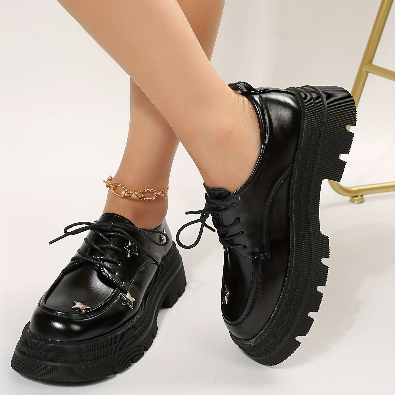 Women's Star Pattern Platform Loafers Lace Up Shoes