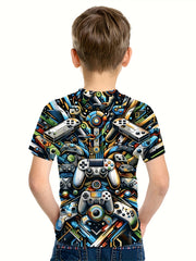 Gamepad 3D Print Boy's Casual Tee Short Sleeve Crew Neck T-shirt Kids