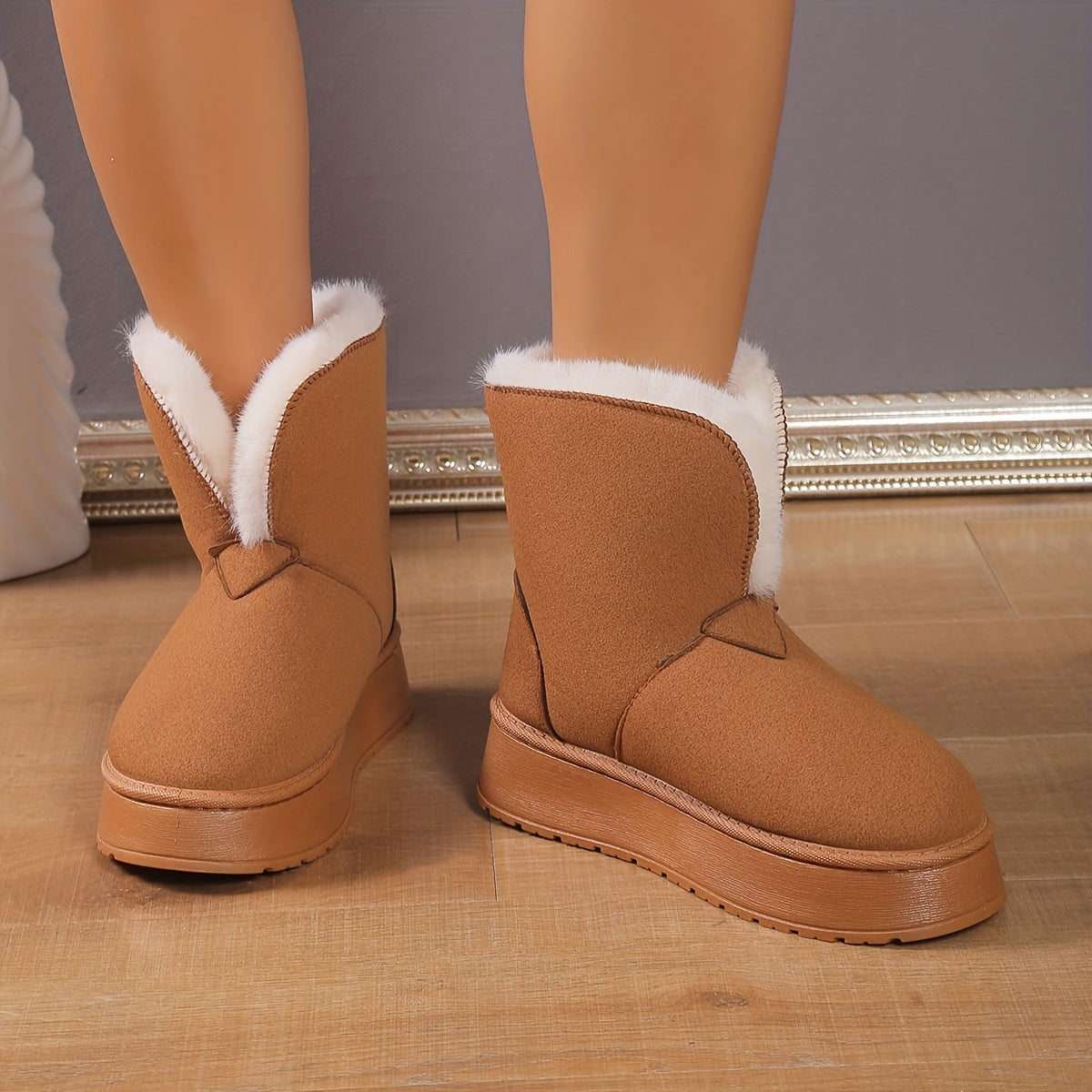 Women's Fluffy Velvet Warm Snow Boots Non-Slip Thick Bottom Slip-On Foldable
