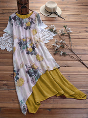 Floral Print Layered V Neck Short Sleeve Dress