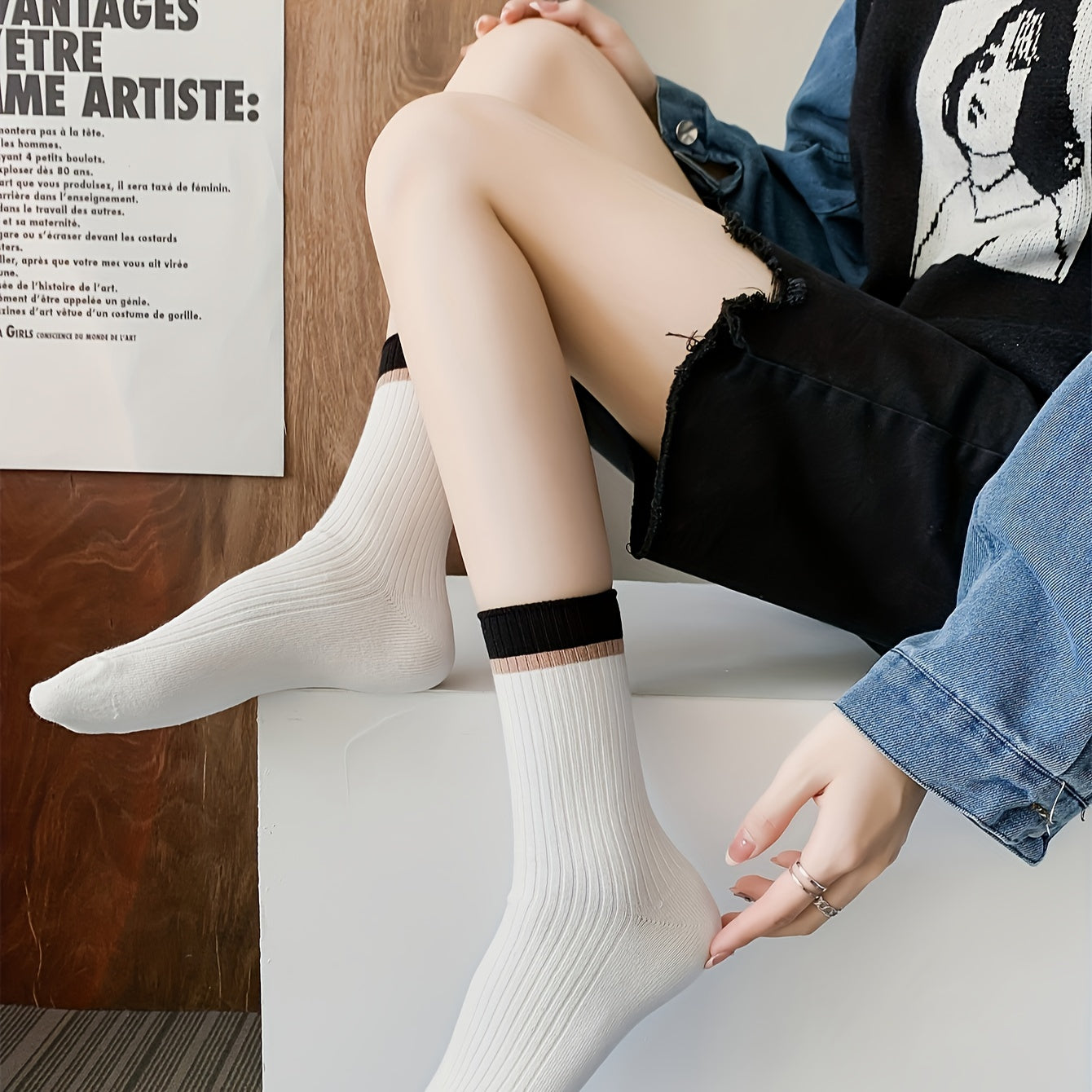 Colorblock Stripe Print Ribbed Socks Mid Tube Stockings