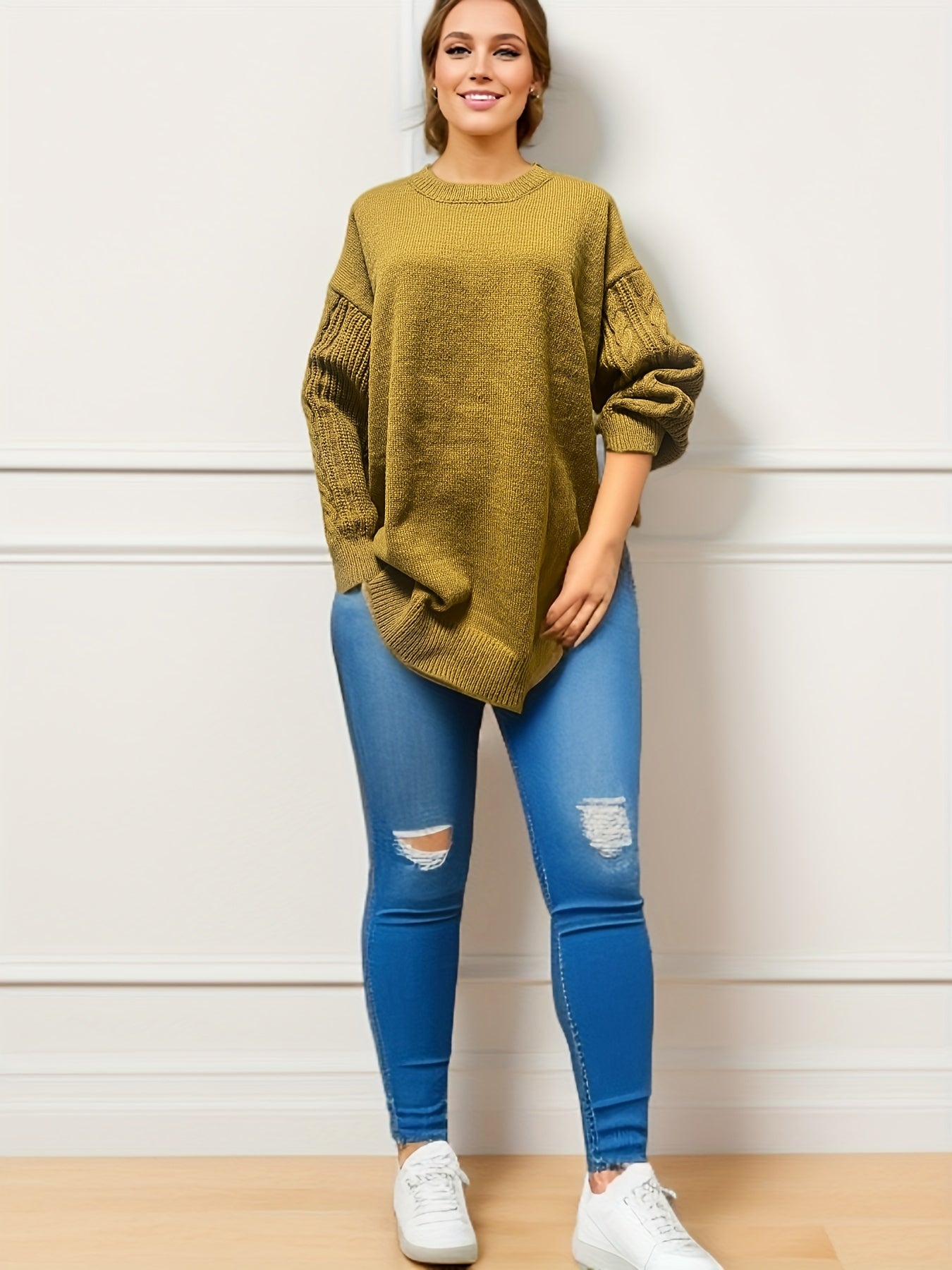  Casual Sweater Solid Long Sleeve Round Neck Loose Pullover Jumper