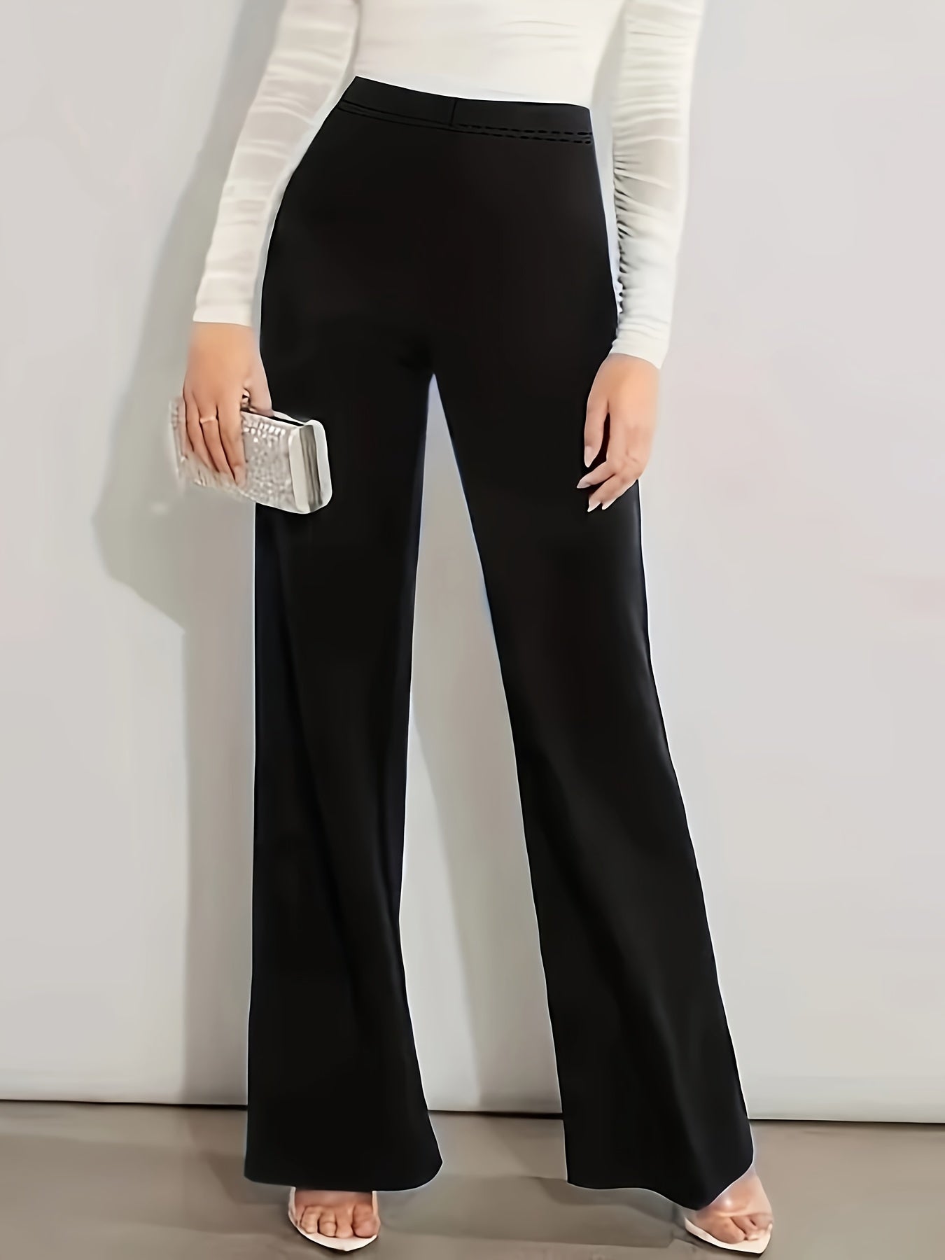  Solid High Rise Wide Leg Trousers