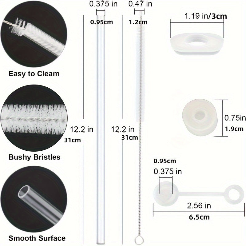 4Pcs Reusable Straws, 6 Silicone Stoppers, Brush, Bag - Cup Accessories