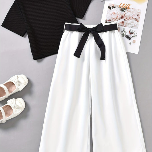 Girls Cotton Ribbed Short Sleeve Top Wide Leg Pants Summer