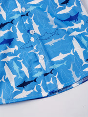 Shark Boys Casual V neck Button Up Shirts For Summer