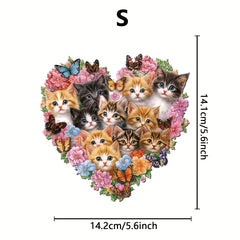 Heart Shaped Floral Kitten Family Wooden Puzzle