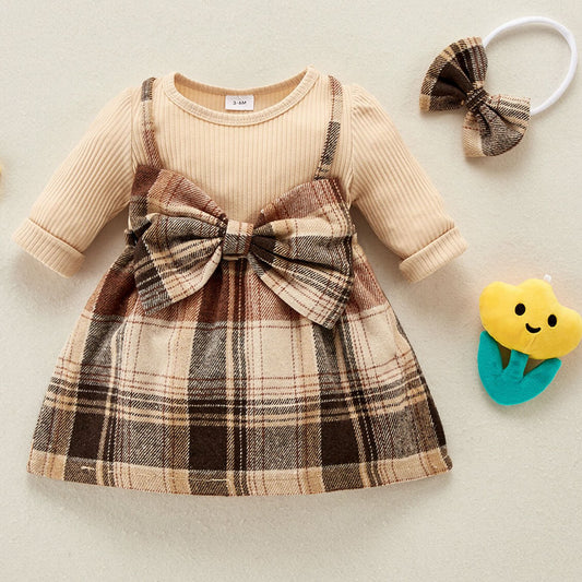 Plaid Print Dress & Headband Set for Baby Girl