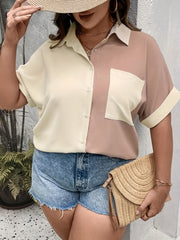  Colorblock Button Up Short Sleeve Blouse