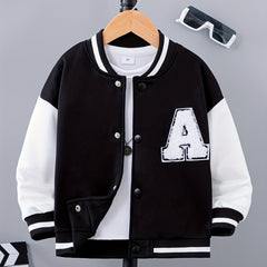 Letter Patched Kid's Baseball Jacket Button Front Long Sleeve Top