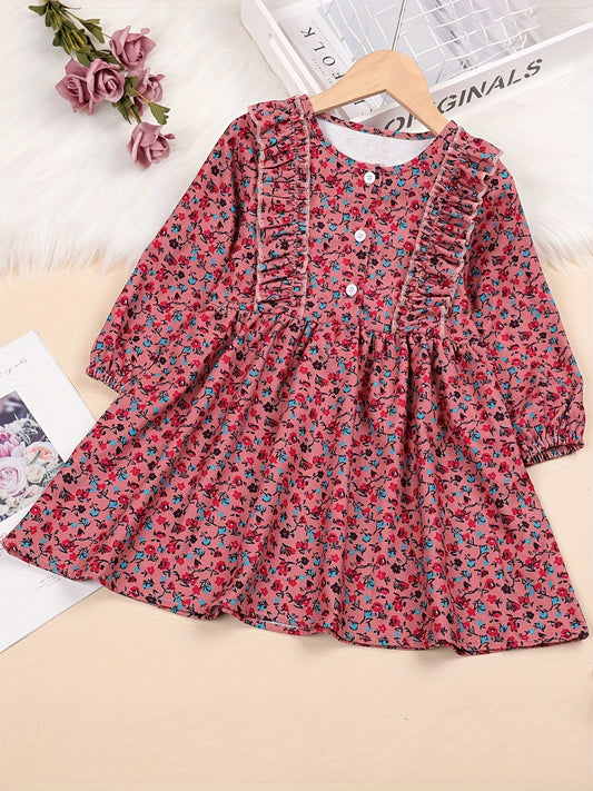 Girls' Corduroy Long Sleeve Floral Round Neck Dress