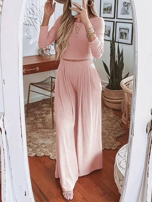  Solid Ribbed Crop Top & Wide Leg Pants Set