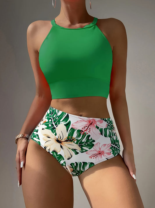 Colorblock Tropical Print Bikini Sets Round Neck High Waist Two Pieces Swimsuit