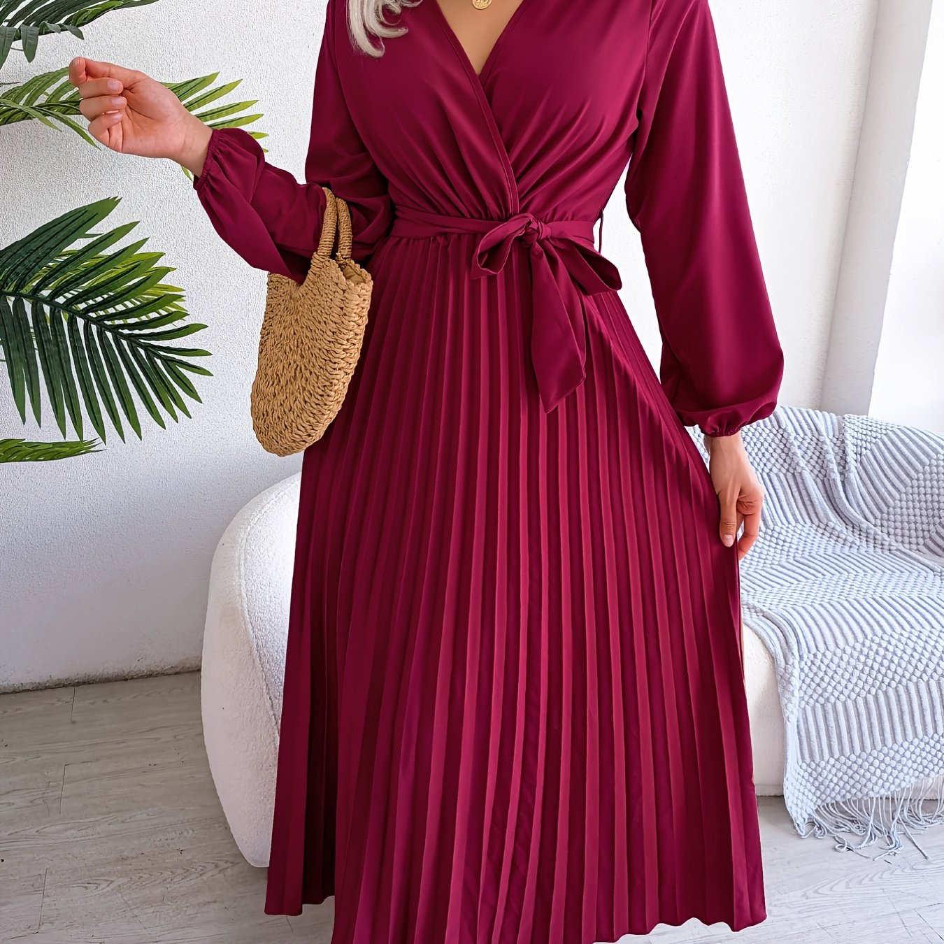 Maxi Bridesmaid Dress V Neck Lantern Sleeve Solid Dress