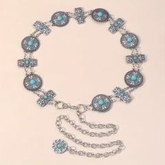 Western Turquoise Waist Chain Boho Engraved Belly Chain Silvery Decorative
