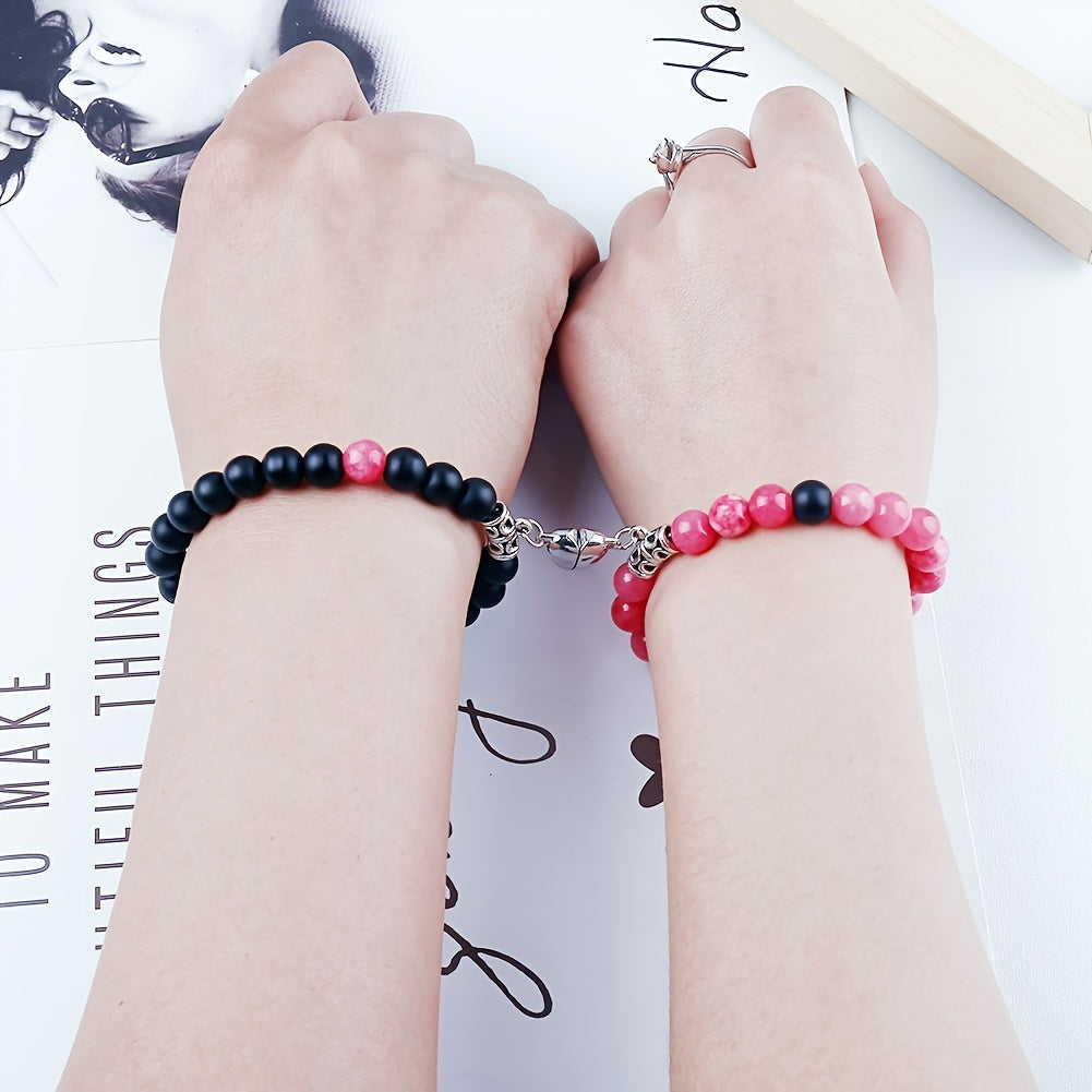 Crackle Beaded Bracelet Set Magnetic Heart Pendant Matte Beaded Couples Bracelet