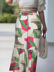  Boho Pants Women's Plus Colorblock Striped & Leaf Print Ruffle Trim
