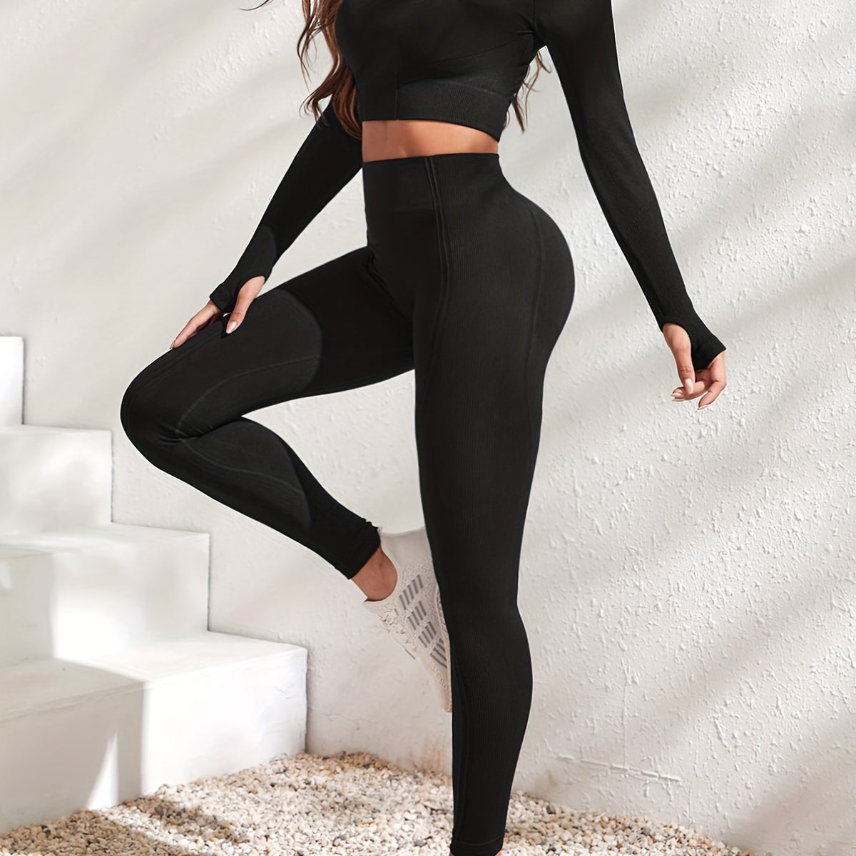 2pcs Long Sleeve Crop Top & High Waist Leggings Set Women's Activewear