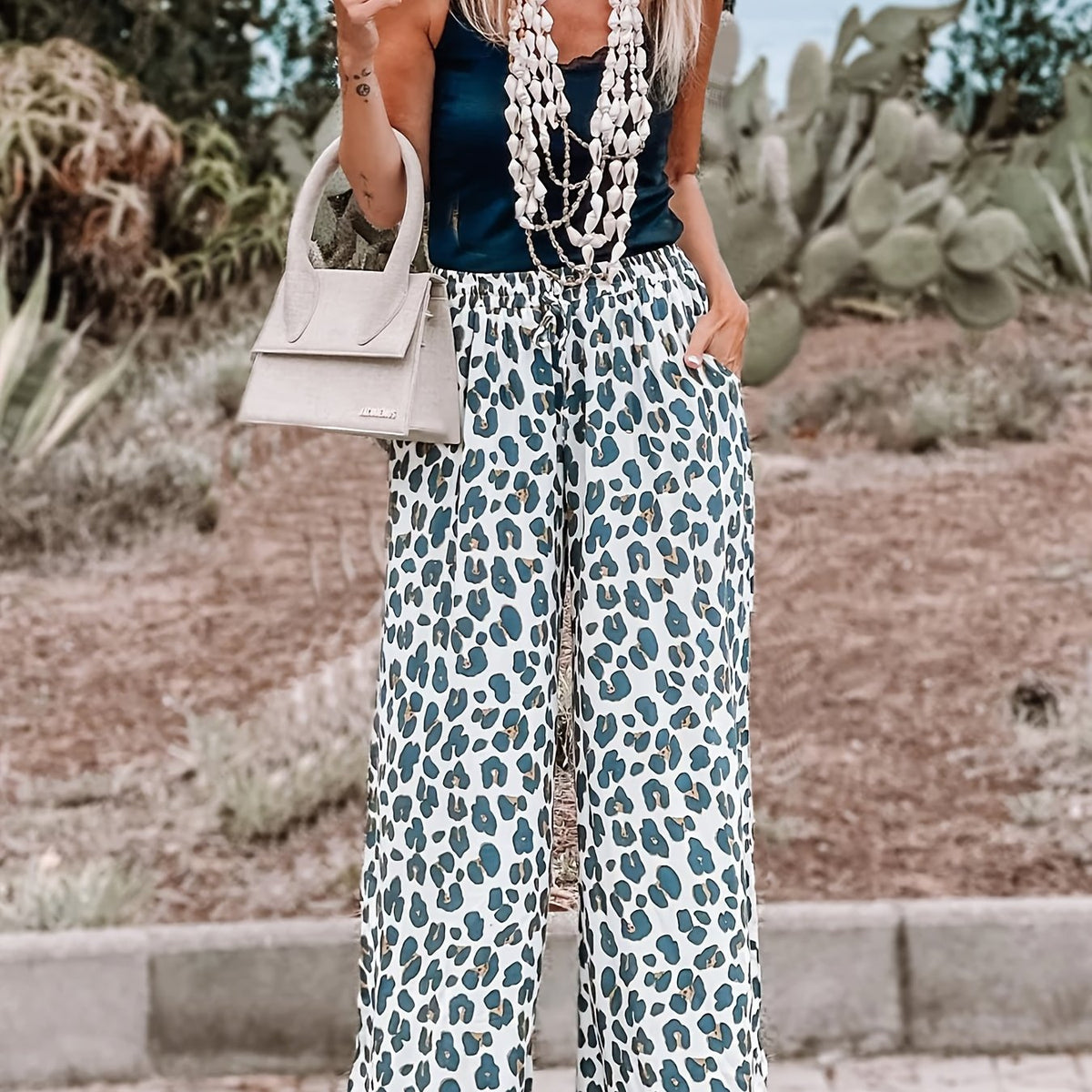  Leopard Print Elastic High Rise Wide Leg Trousers