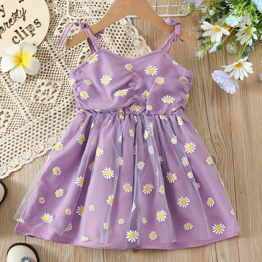 Girls Daisy Print Cami Dress With Tulle - Party Holiday Outfit