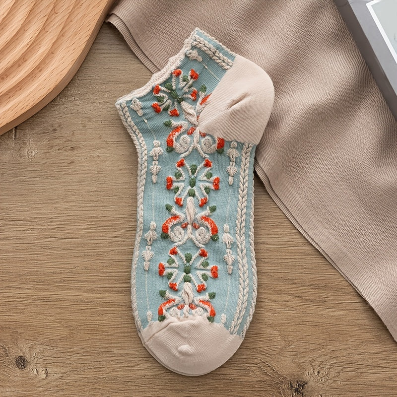 5 pairs Embroidery Socks Ethnic Flower Crew Socks Gift Tube Socks