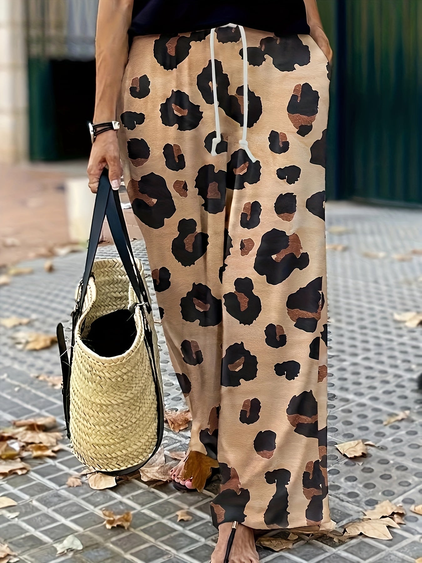  Leopard Print Drawstring Waist Wide Leg Trousers