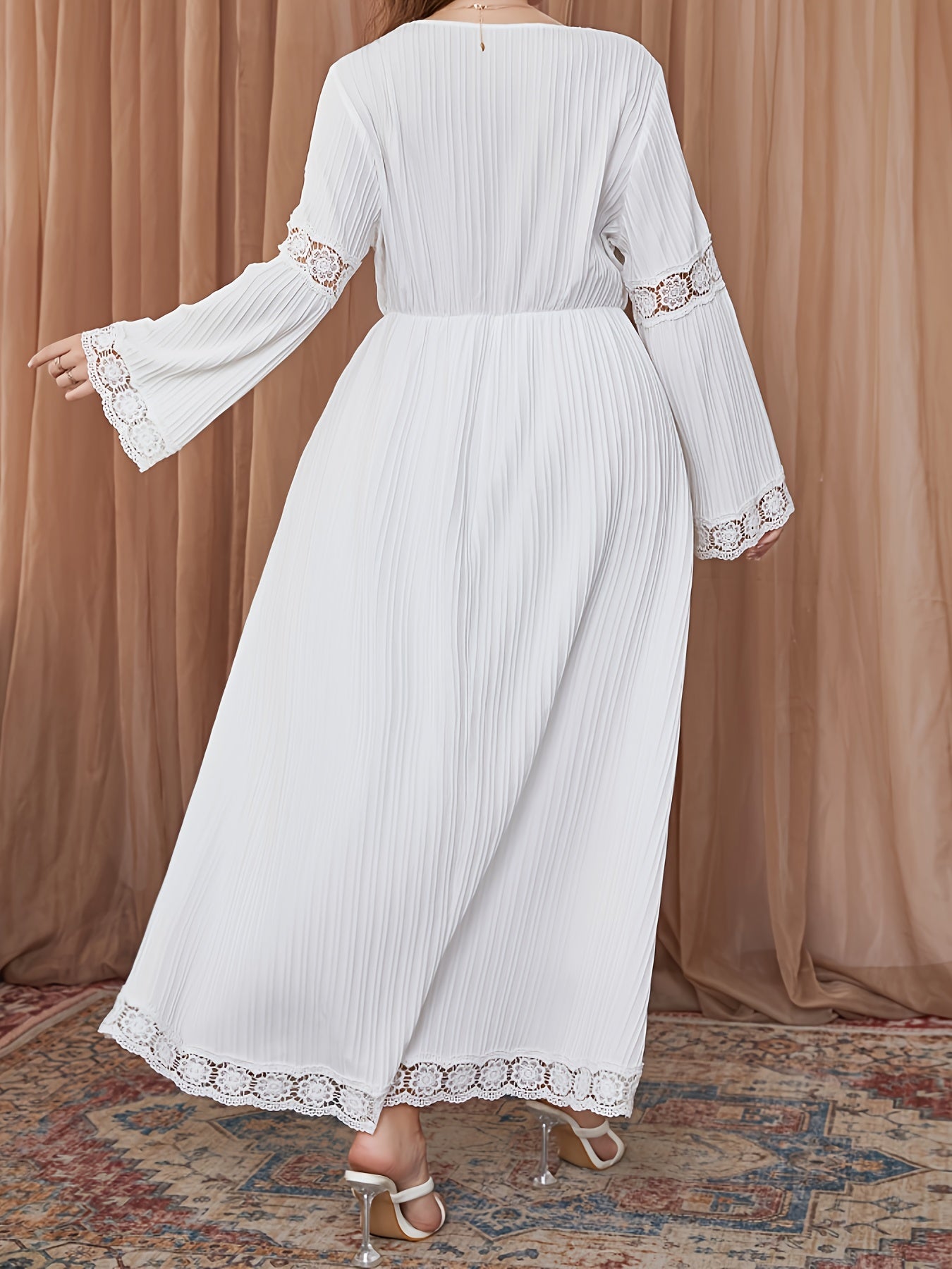  Solid Ribbed Lace Trim Maxi Dress