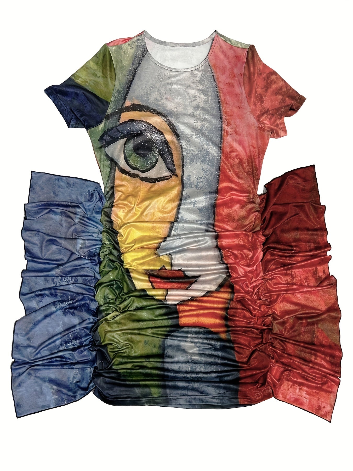  Abstract Figure Print Short Sleeve Ruffle Trim Dress