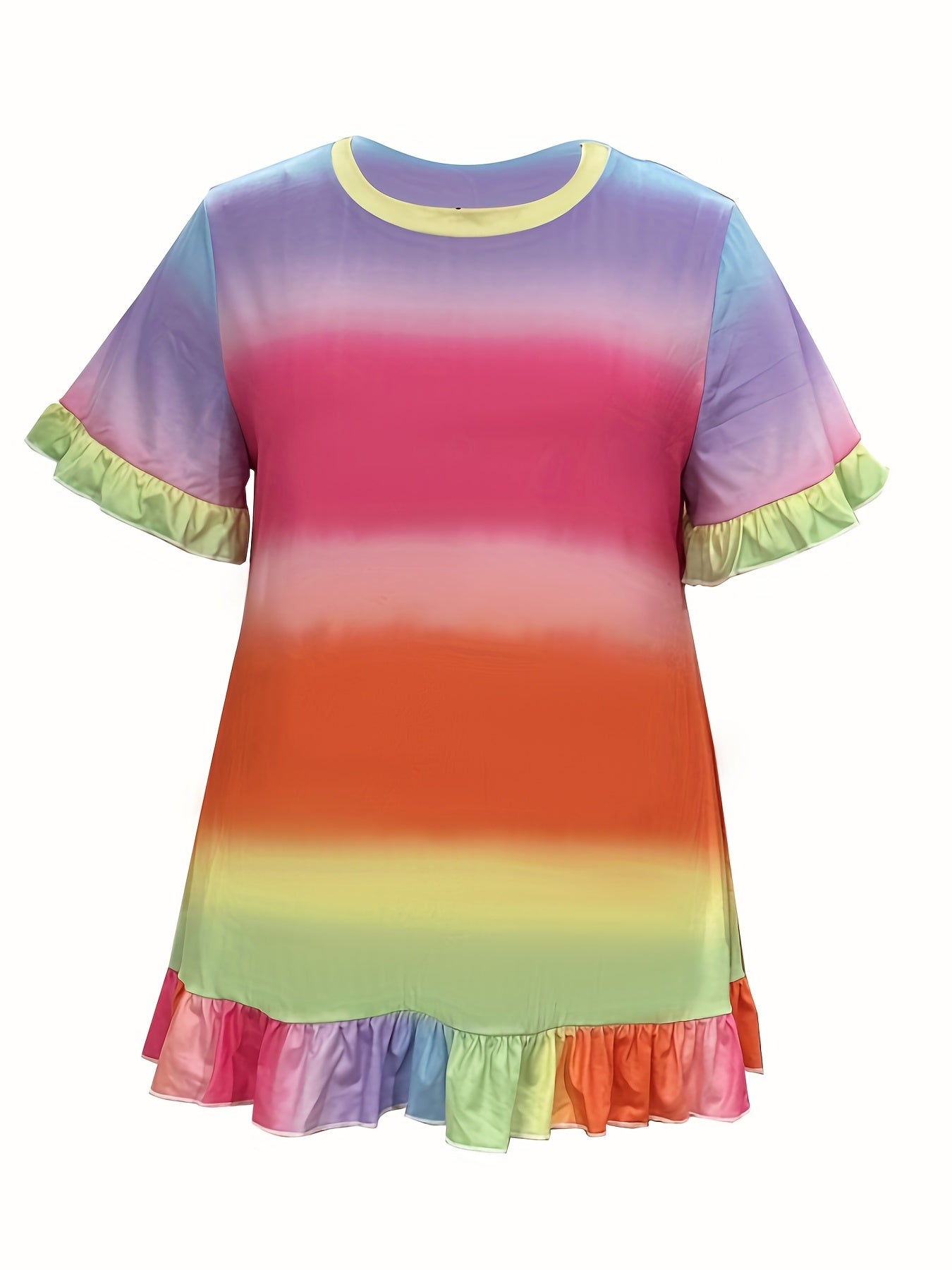  Colorblock Rainbow Print Ruffle Trim Short Sleeve Dress