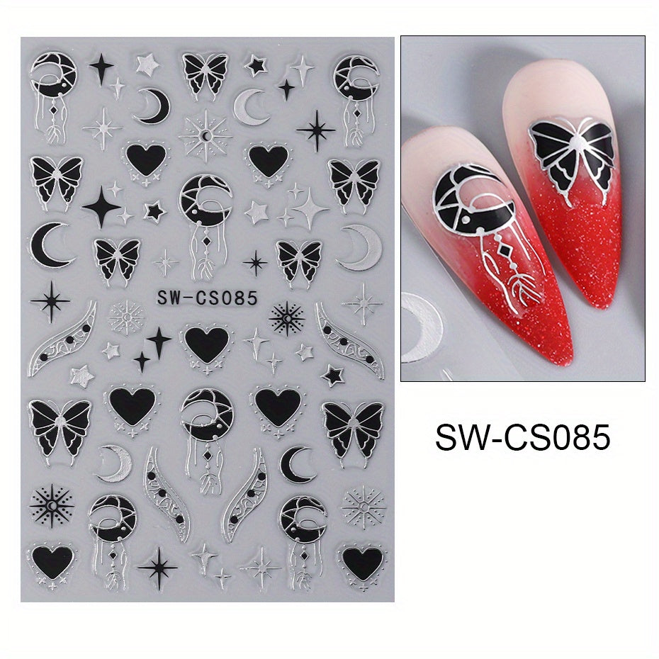 Metal Butterfly Nail Art Stickers with Red Rose Decals 3D and Silver Designs