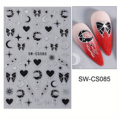 Metal Butterfly Nail Art Stickers with Red Rose Decals 3D and Silver Designs