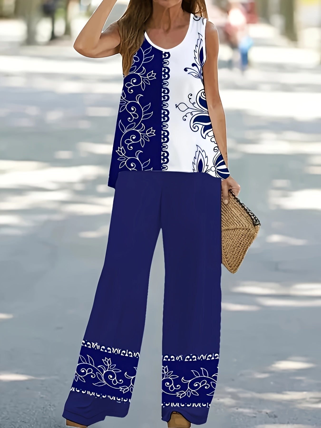 Floral Print Block Top & Solid Wide Leg Pants Set